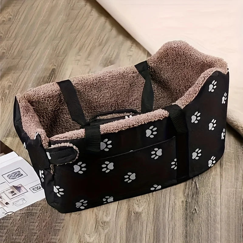 Portable Black Fabric Dog Car Seat With Paw Print Design And Headrest