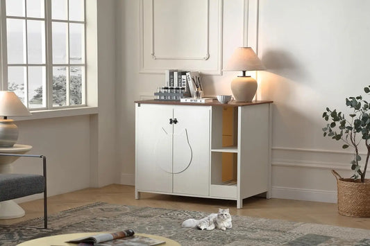 Dog-Proof Cat Litter Box Enclosure with LED & Self-Cleaning Cabinet