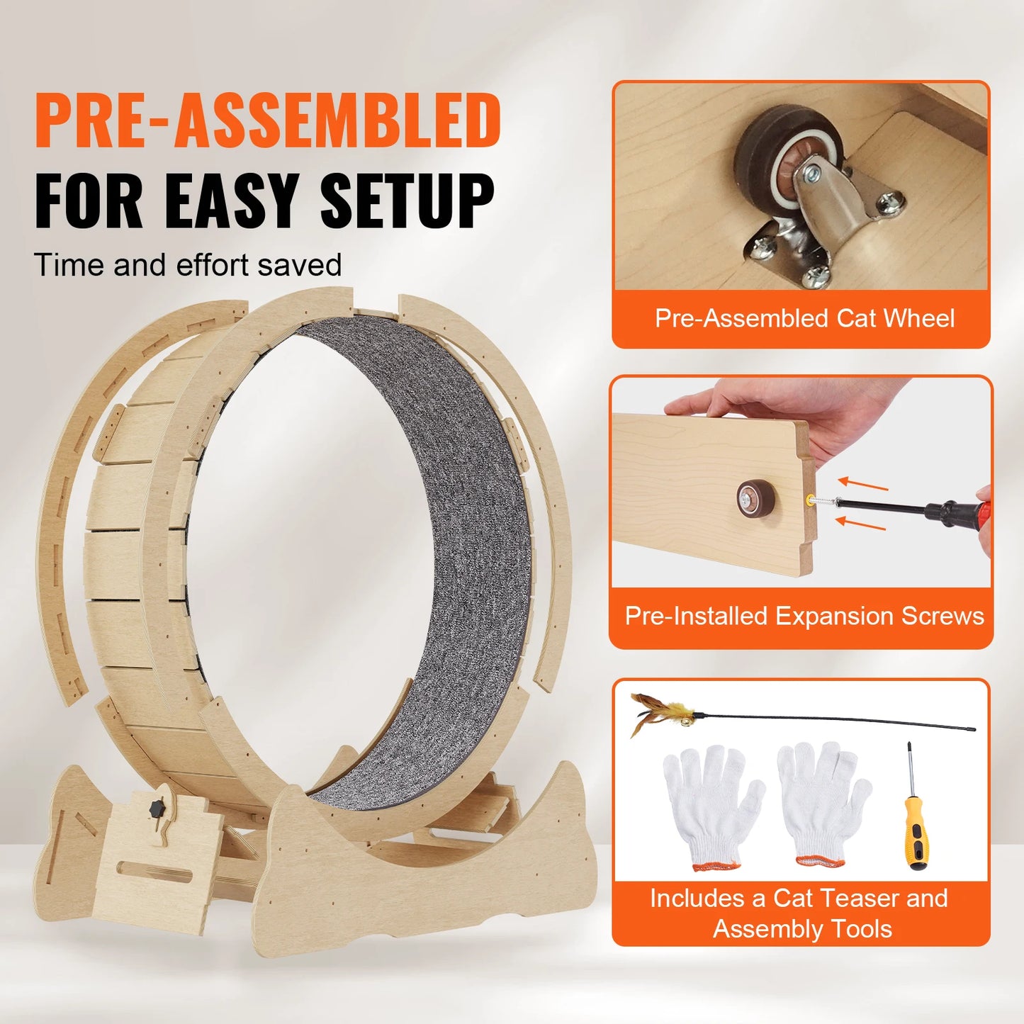 SucceBuy Wooden Cat Exercise Wheel Indoor Running Teaser With Detachable Carpet