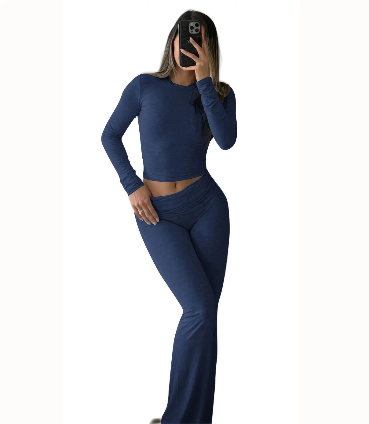 NONECN Women's Yoga Two-Piece Set Long Sleeve Wide-Leg Activewear