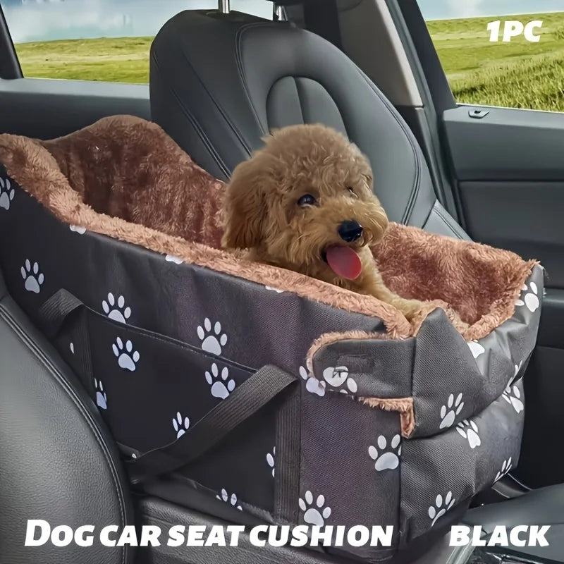 Portable Black Fabric Dog Car Seat With Paw Print Design And Headrest