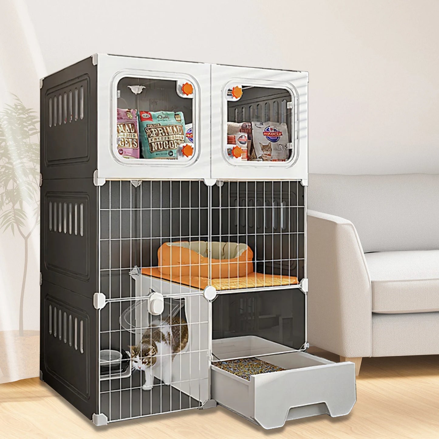 Indoor Metal Wire Cat Cage Enclosure With Storage Cube Bed