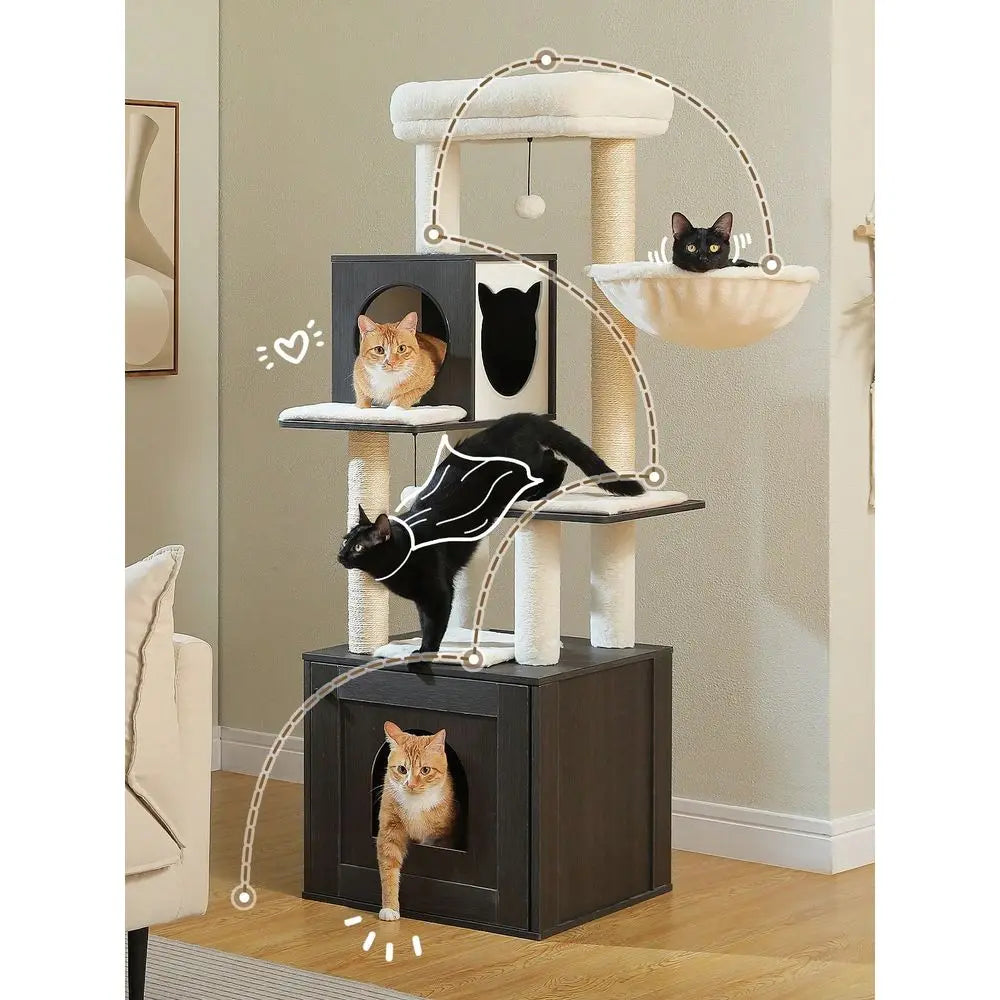 XMSJ Cat Tree With Litter Box Enclosure And Storage Cabinet