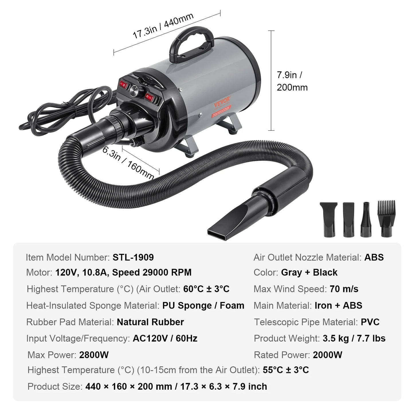 SucceBuy 2000W Dog Blow Dryer With Adjustable Speed Temperature Extendable Hose