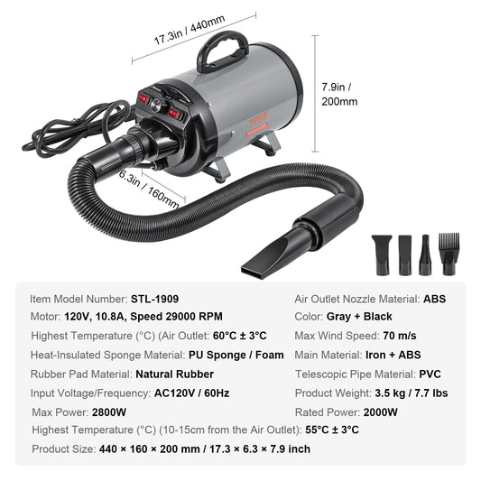 SucceBuy 2000W Dog Blow Dryer With Adjustable Speed Temperature Extendable Hose