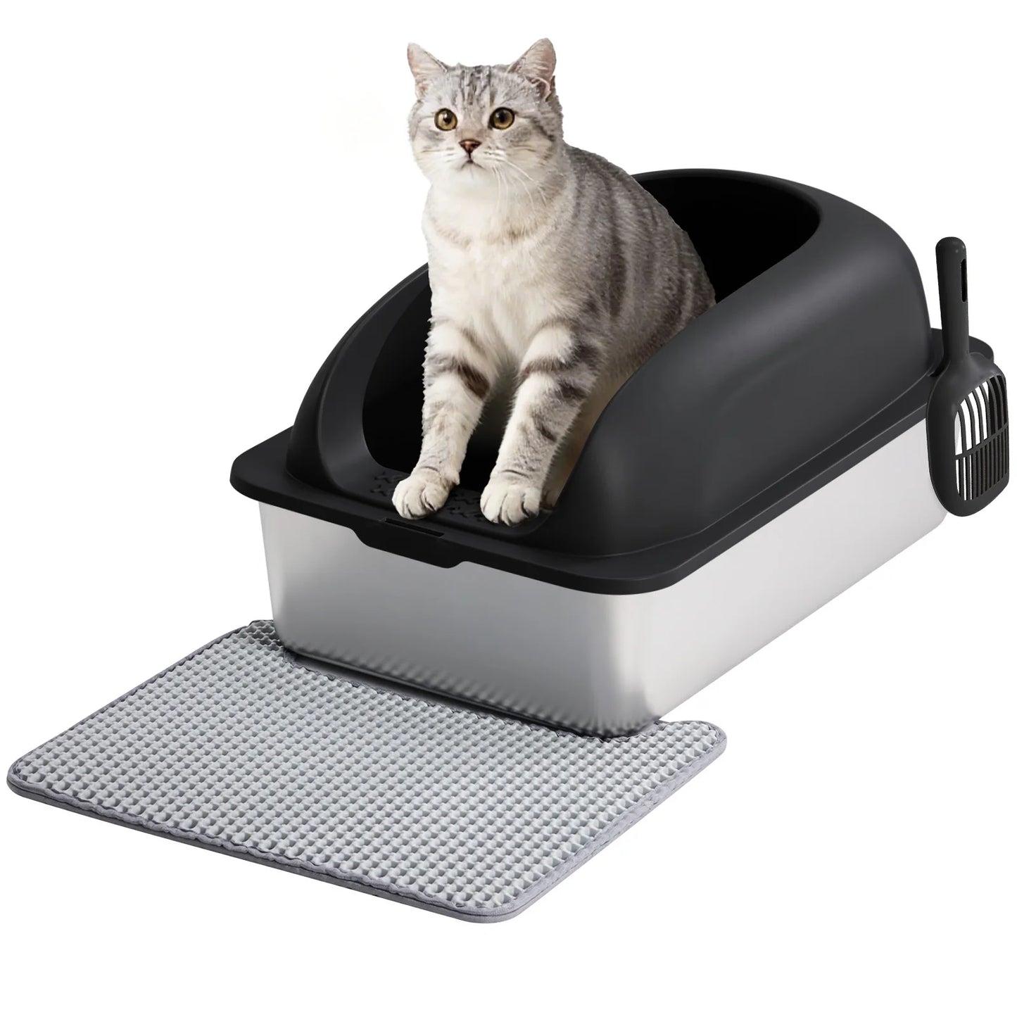 Stainless Steel Cat Litter Box With Lid Anti Leakage Mat