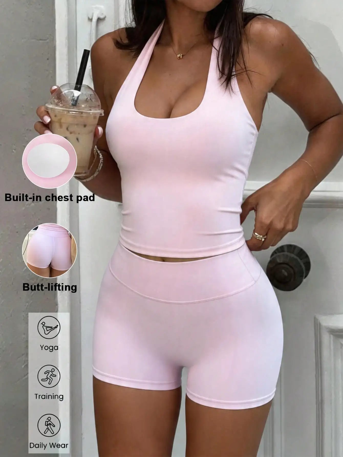 Women's Summer Two Piece Padded Crop Top Set Backless