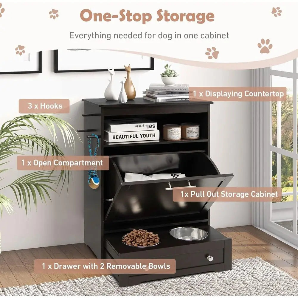 Dog Food Cabinet Feeding Station With Elevated Bowls And Storage