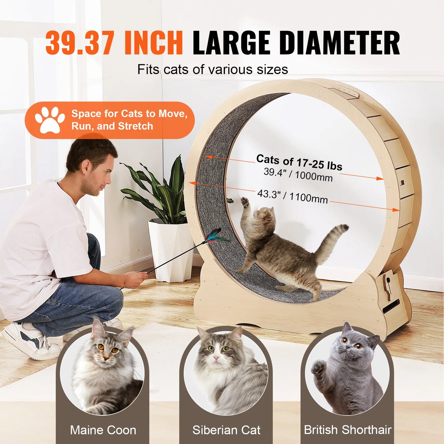 SucceBuy Wooden Cat Exercise Wheel Indoor Running Teaser With Detachable Carpet