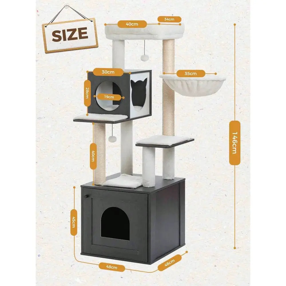XMSJ Cat Tree With Litter Box Enclosure And Storage Cabinet