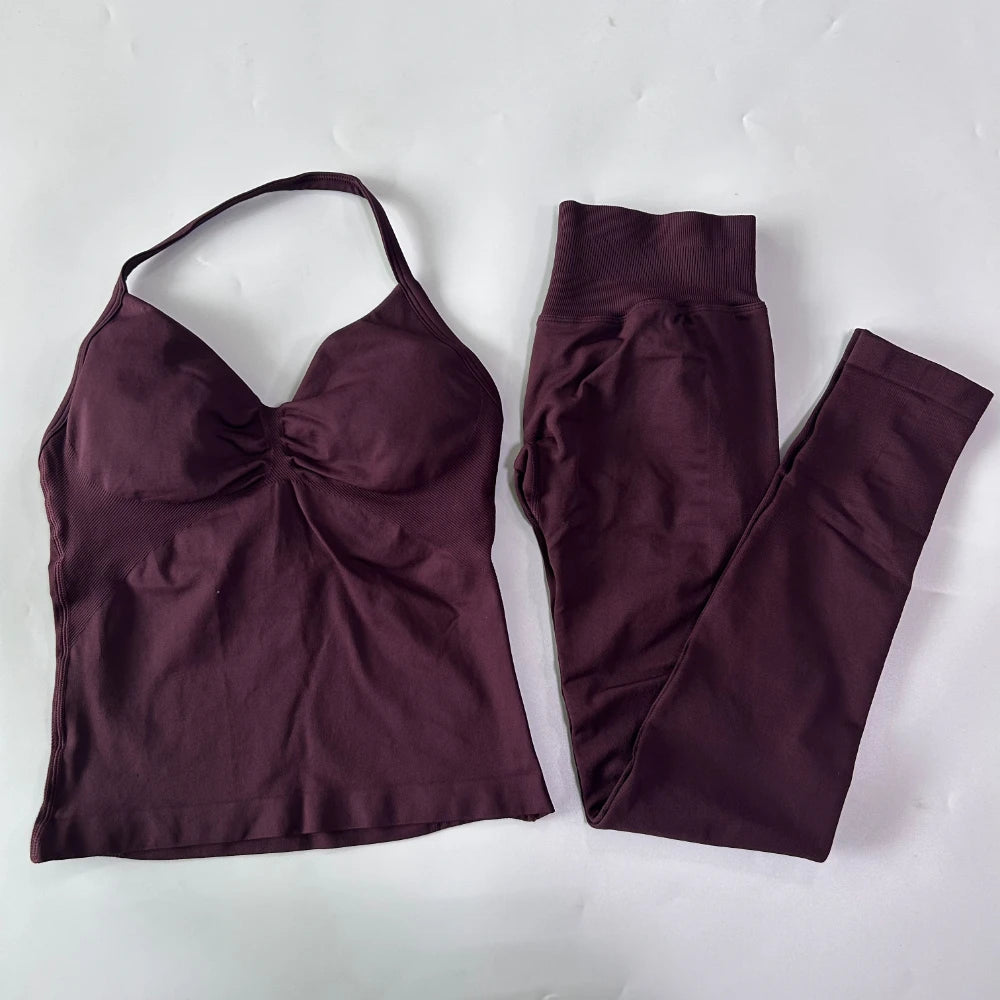 No Logo Seamless Gym Set For Women High Waist Leggings
