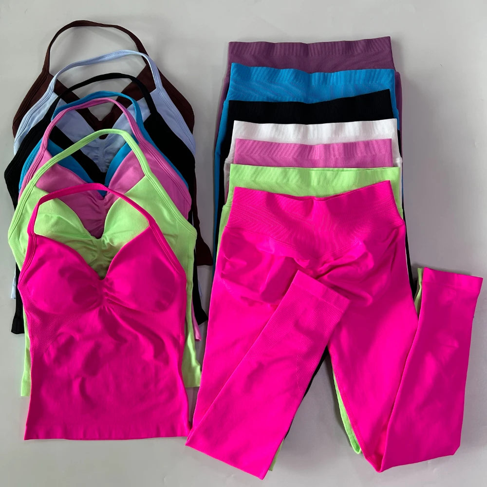 No Logo Seamless Gym Set For Women High Waist Leggings