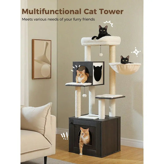 XMSJ Cat Tree With Litter Box Enclosure And Storage Cabinet