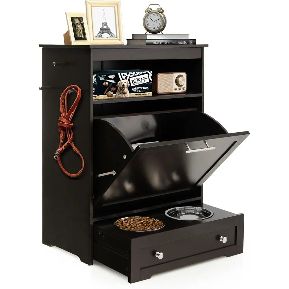 Dog Food Cabinet Feeding Station With Elevated Bowls And Storage
