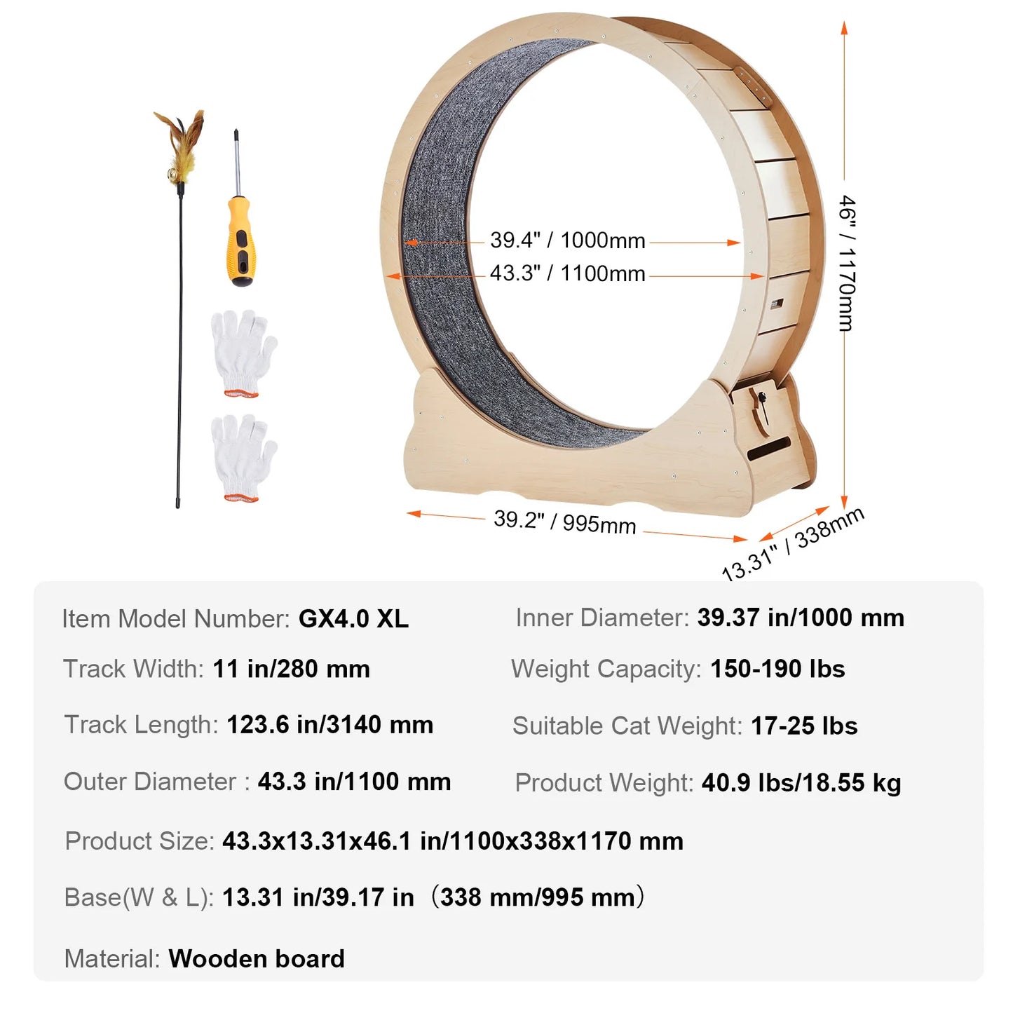 SucceBuy Wooden Cat Exercise Wheel Indoor Running Teaser With Detachable Carpet