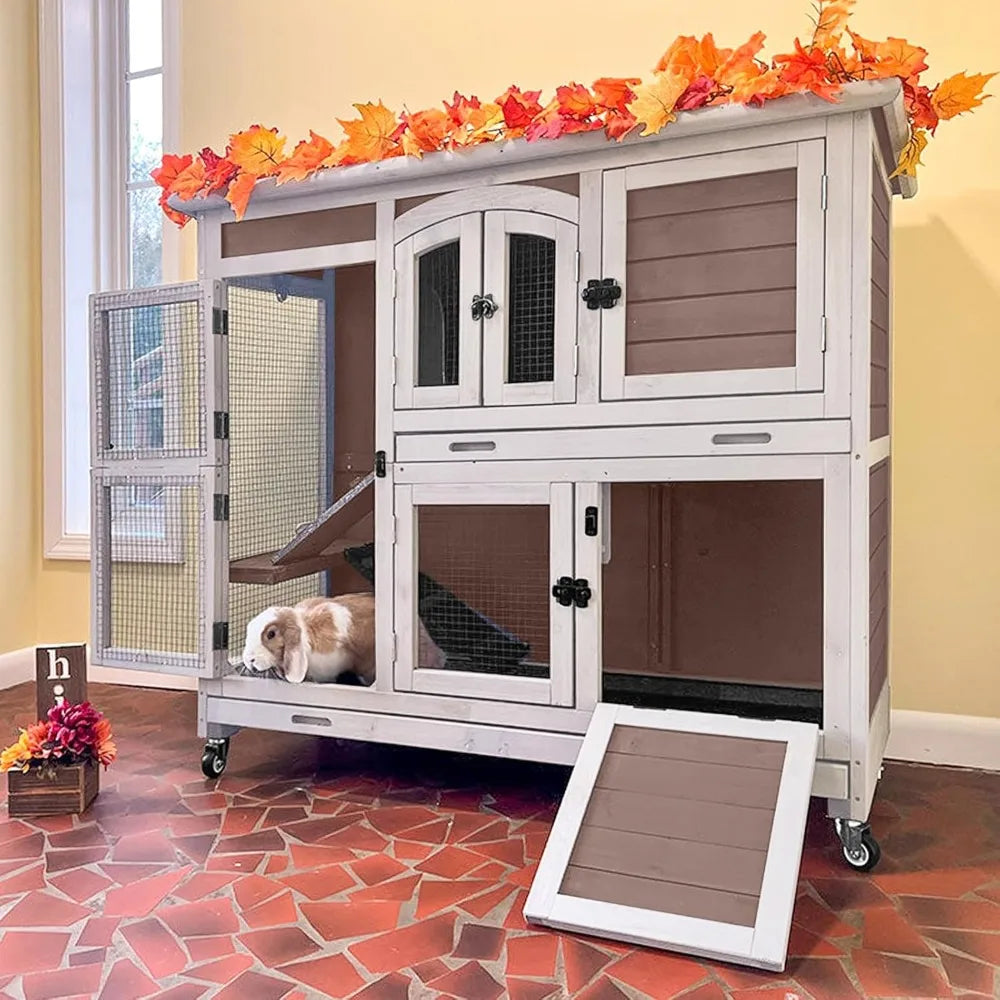 Wooden Rabbit Hutch For Guinea Pigs With Sliding Plastic Trays