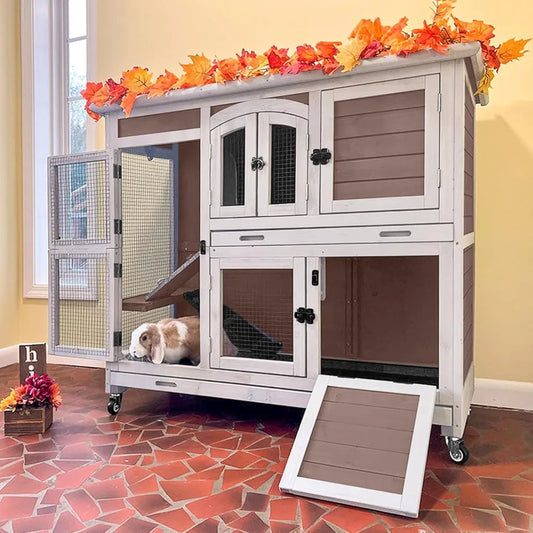 Wooden Rabbit Hutch For Guinea Pigs With Sliding Plastic Trays