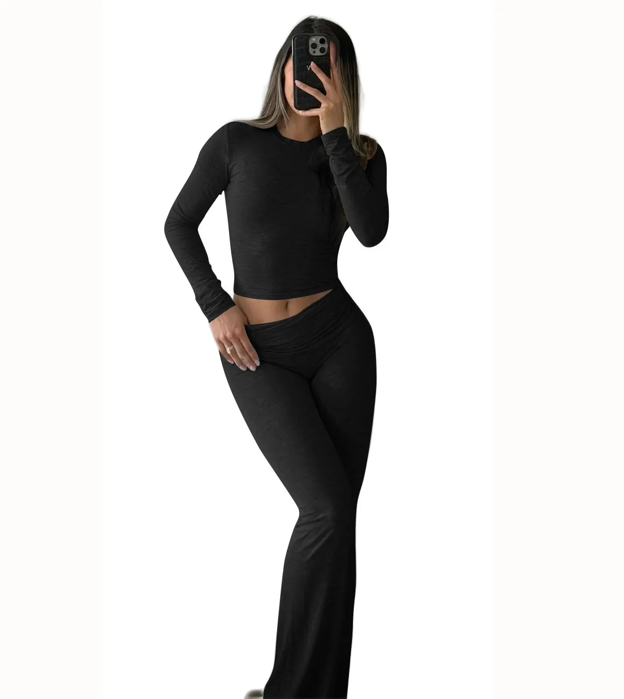 NONECN Women's Yoga Two-Piece Set Long Sleeve Wide-Leg Activewear