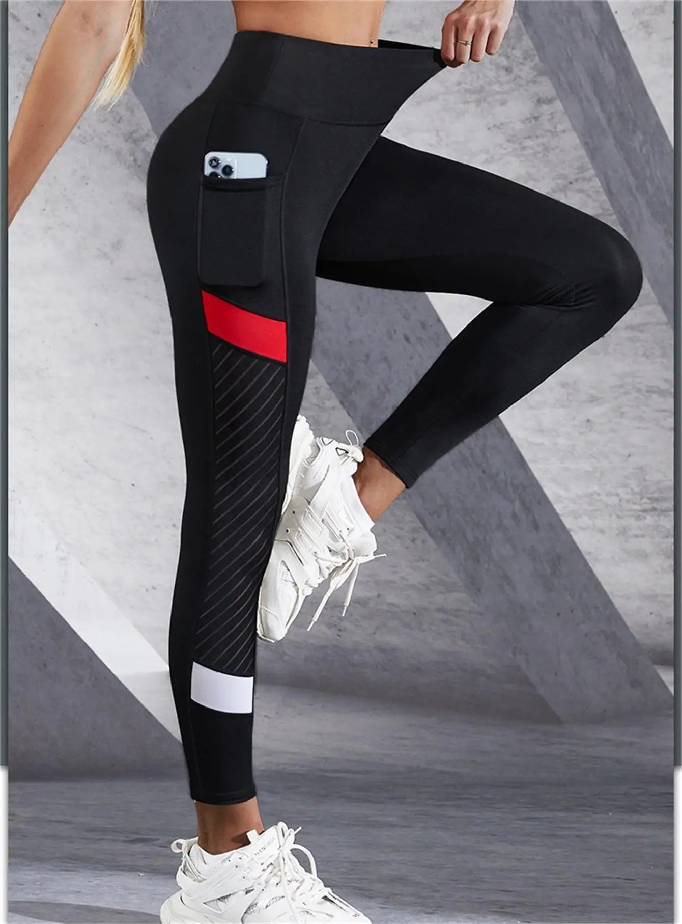Colorblocked Mesh High Waist Yoga Pants With Side Pockets For Women