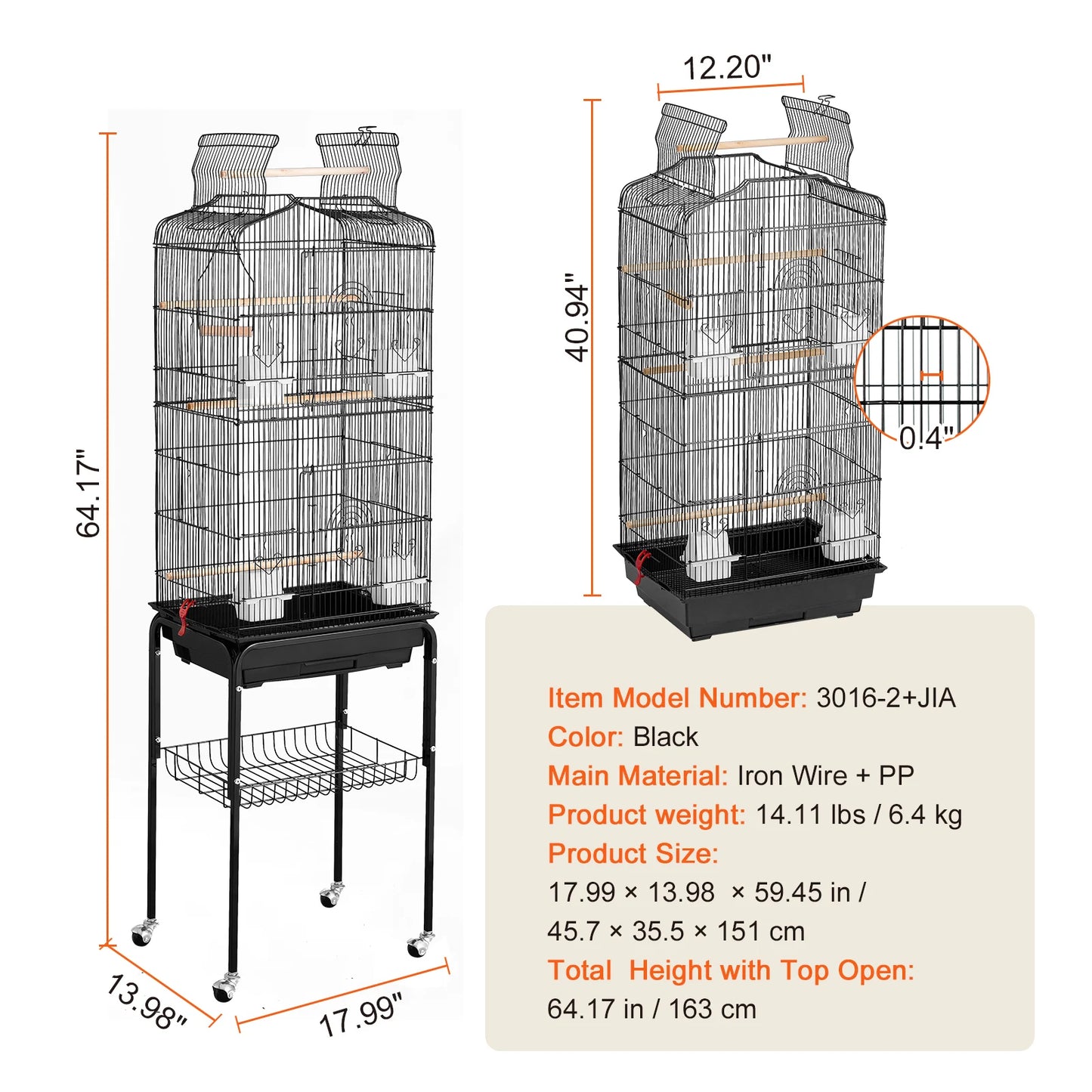Open Top Parrot Cage Hanging Bird Cage For Travel Pet