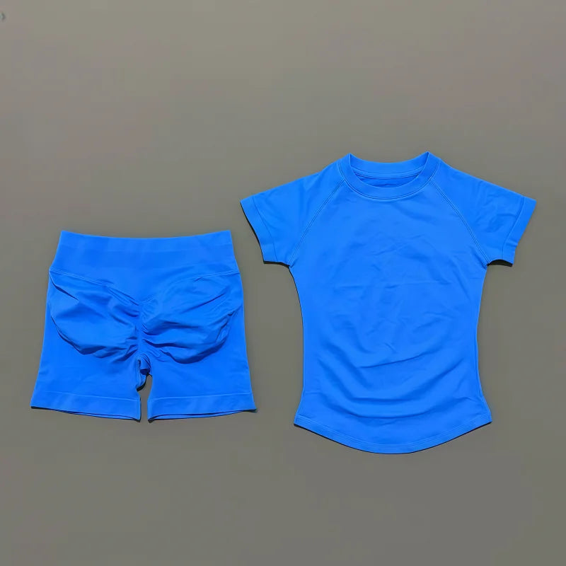 Histello Women's Seamless Yoga Set Short Sleeve Top And Shorts