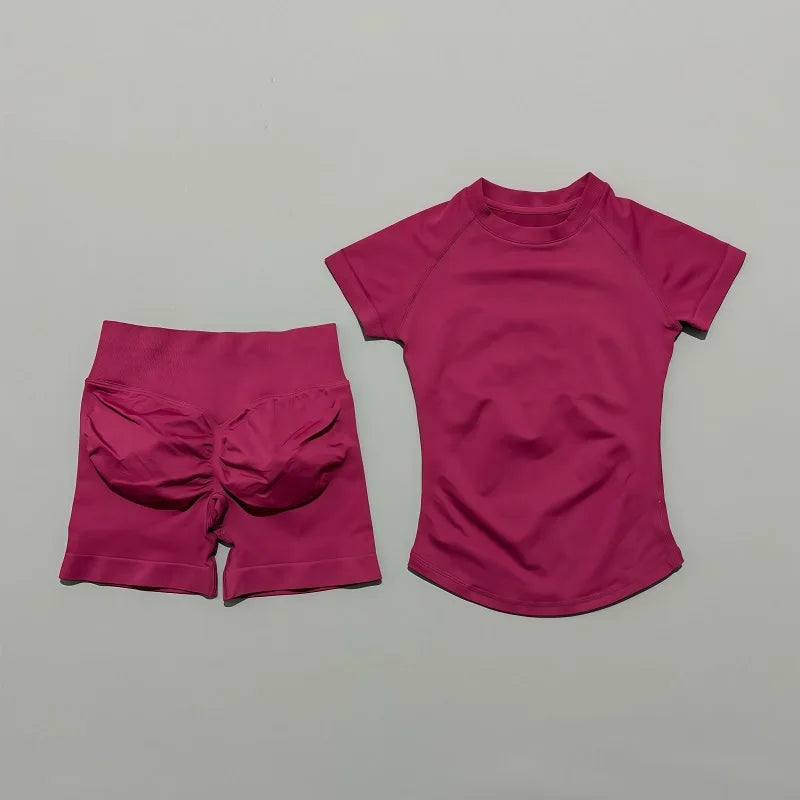 Histello Women's Seamless Yoga Set Short Sleeve Top And Shorts