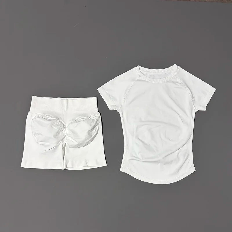 Histello Women's Seamless Yoga Set Short Sleeve Top And Shorts