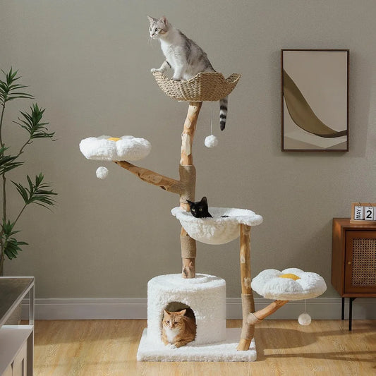 RBXC Modern Cat Tree Tower With Real Wood Branches And Flower Perches