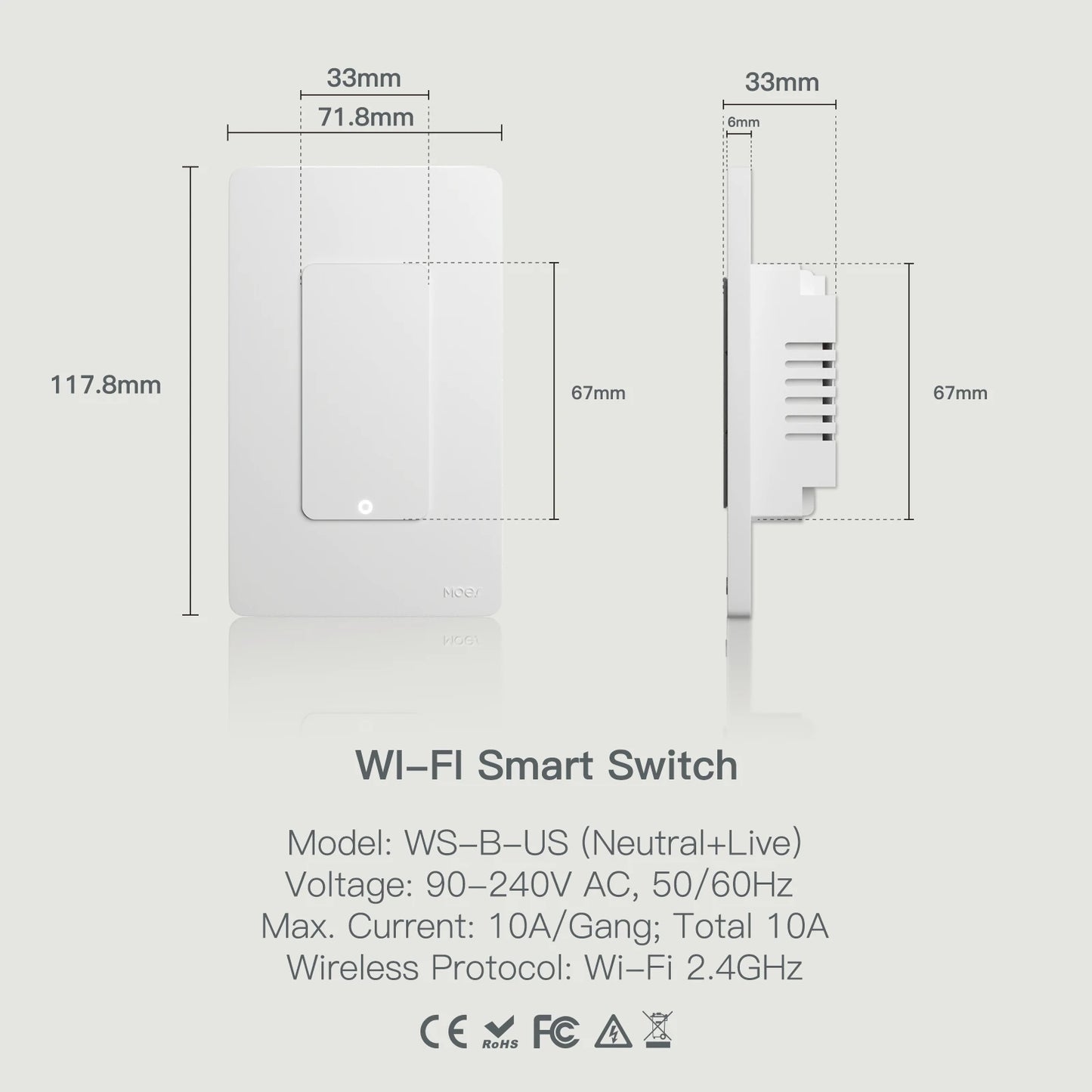 MOES Tuya WiFi Smart Light Switch US Single Push Button