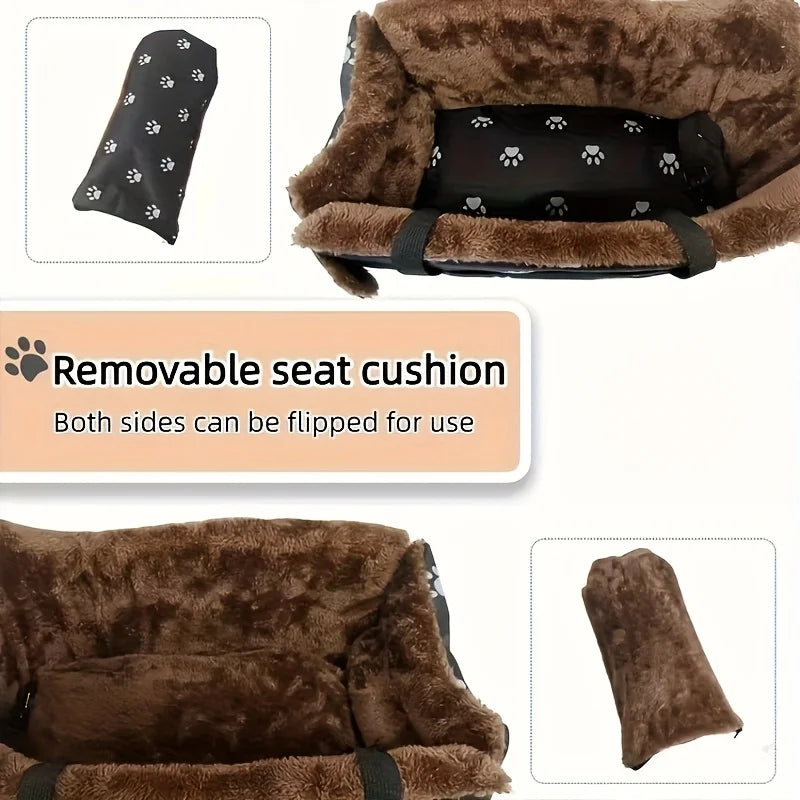 Portable Black Fabric Dog Car Seat With Paw Print Design And Headrest