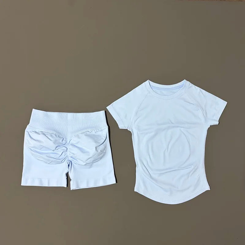 Histello Women's Seamless Yoga Set Short Sleeve Top And Shorts