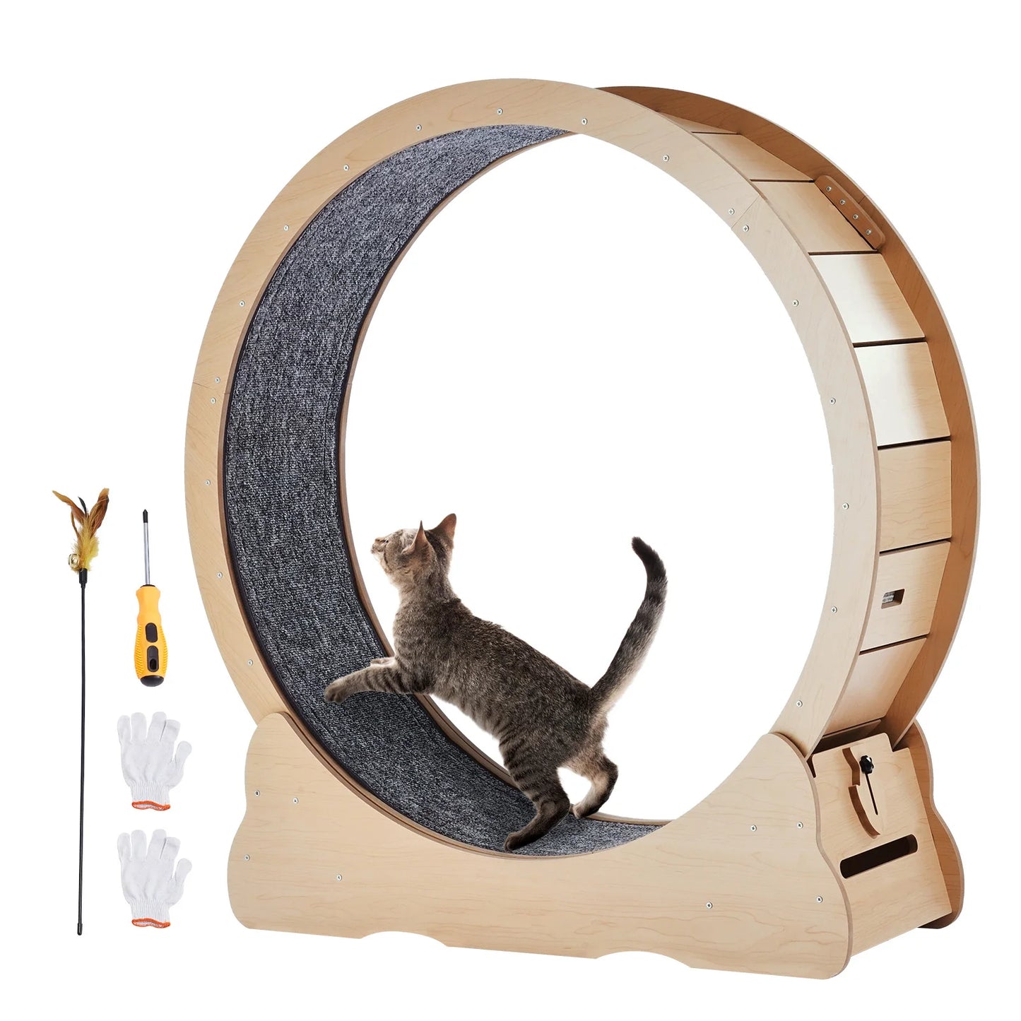 SucceBuy Wooden Cat Exercise Wheel Indoor Running Teaser With Detachable Carpet
