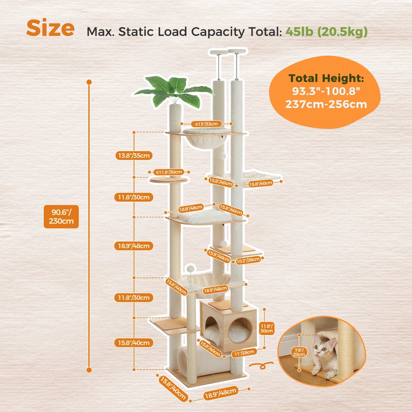 PAWZ Road Height Adjustable Cat Tree With Hammock Sisal Posts