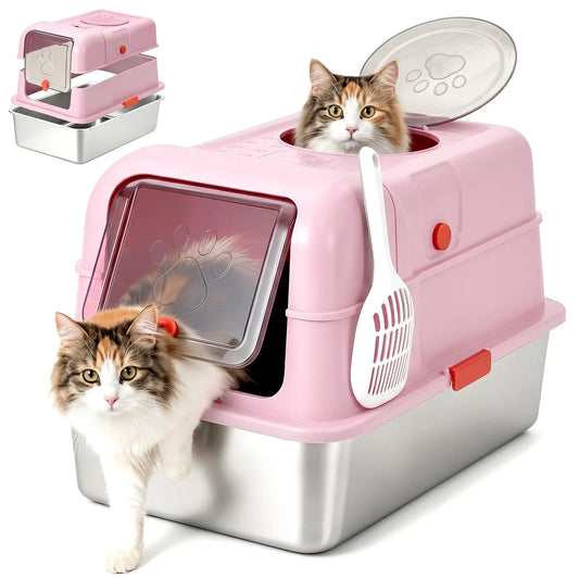 Studyset Enclosed Stainless Steel Cat Litter Box with Front Entry & Scoop