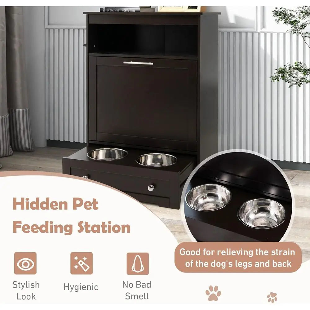 Dog Food Cabinet Feeding Station With Elevated Bowls And Storage