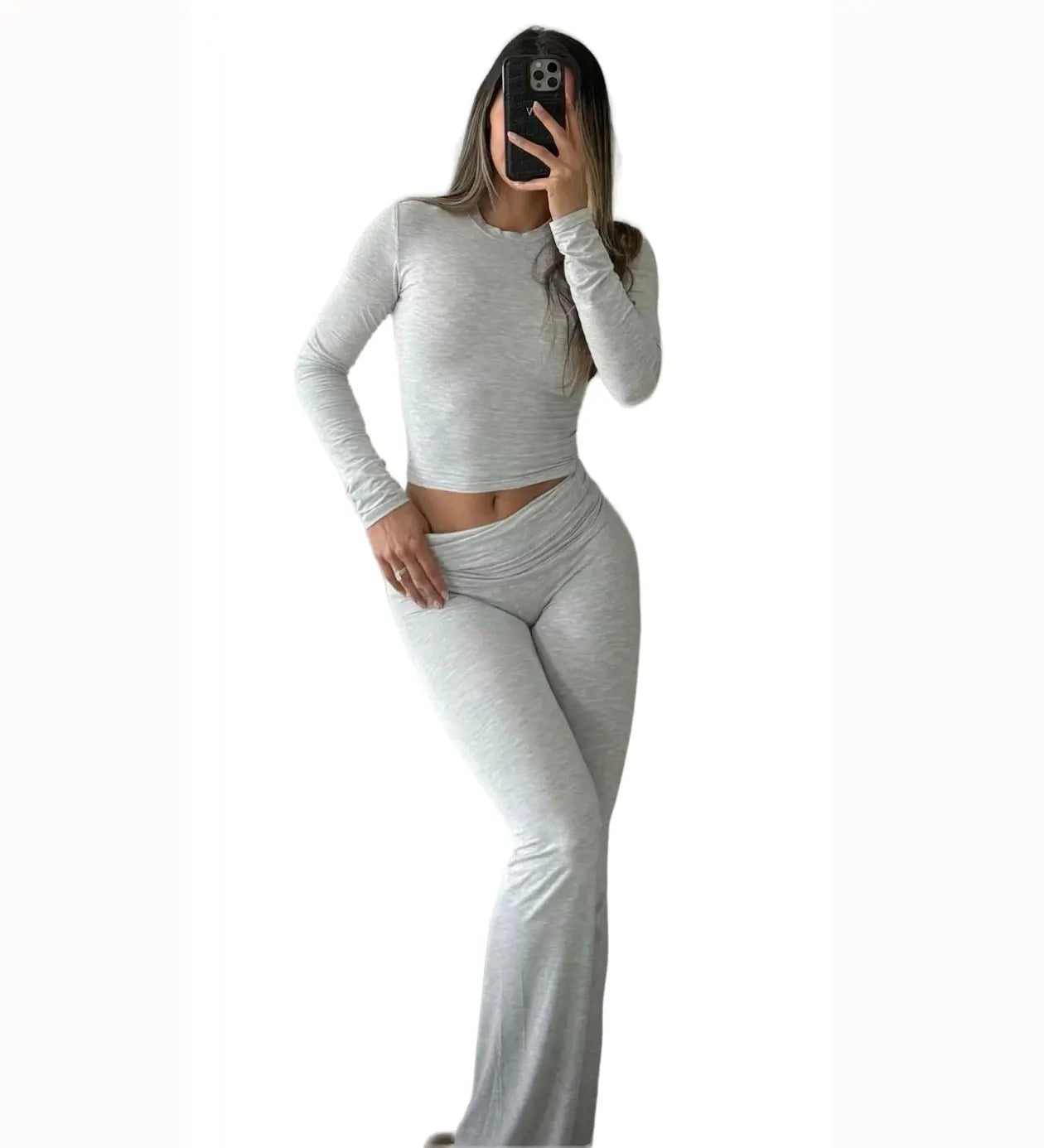 NONECN Women's Yoga Two-Piece Set Long Sleeve Wide-Leg Activewear