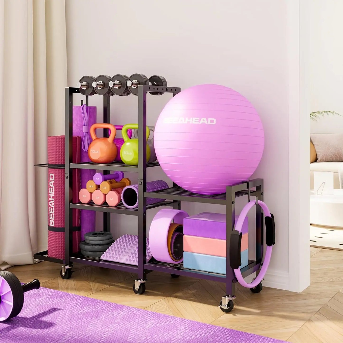 6-Tier Adjustable Gym Storage Rack With Wheels For Dumbbells And Yoga Mats