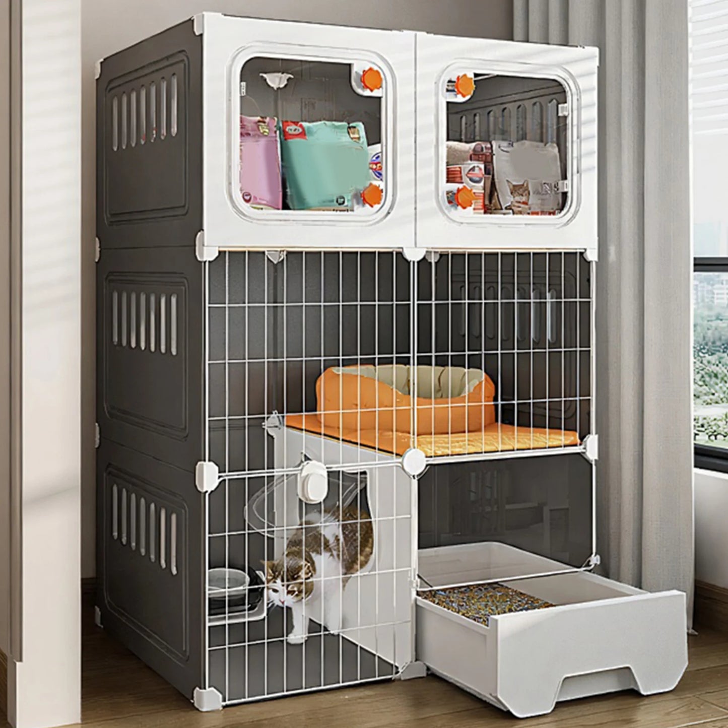 Indoor Metal Wire Cat Cage Enclosure With Storage Cube Bed